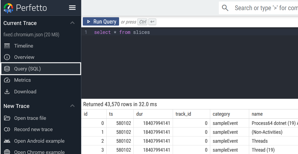 Perfetto's SQL editor