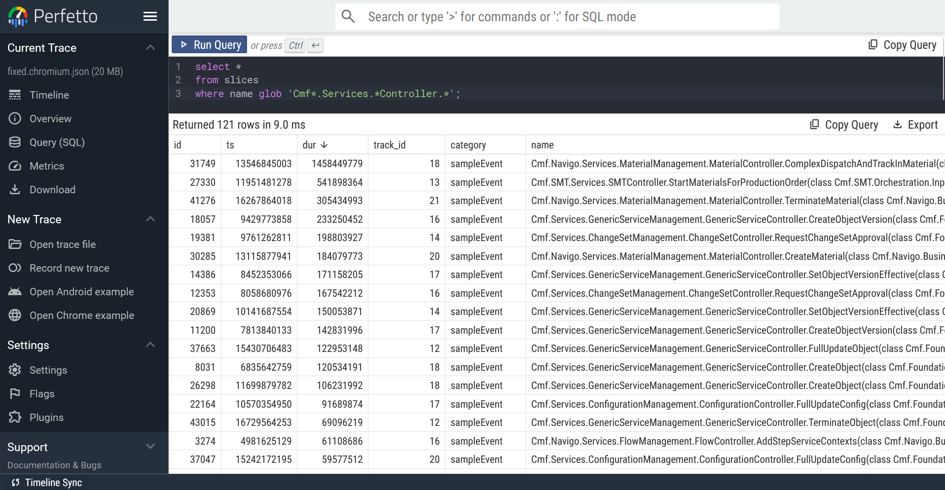 Screenshot of a Perfetto SQL query