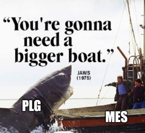 A shark named PLG attacking a boat named MES